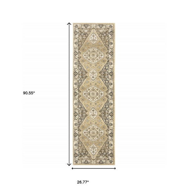HomeRoots 2' Power Loomed Beige and Grey Oriental Runner Rug – Stain Resistant, Soft, Stylish for High Traffic Areas 2'3" x 7'6" 508861