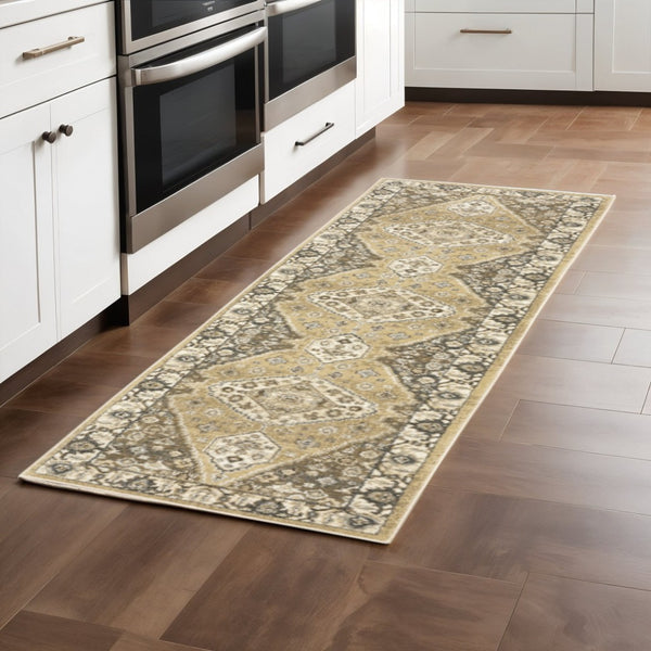 HomeRoots 2' Power Loomed Beige and Grey Oriental Runner Rug – Stain Resistant, Soft, Stylish for High Traffic Areas 2'3" x 7'6" 508861