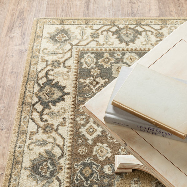 HomeRoots 2' Power Loomed Beige and Grey Oriental Runner Rug – Stain Resistant, Soft, Stylish for High Traffic Areas 2'3" x 7'6" 508861