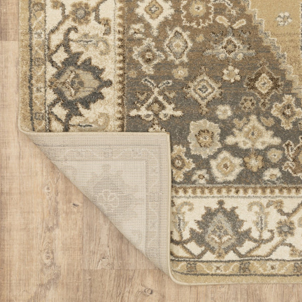 HomeRoots 2' Power Loomed Beige and Grey Oriental Runner Rug – Stain Resistant, Soft, Stylish for High Traffic Areas 2'3" x 7'6" 508861
