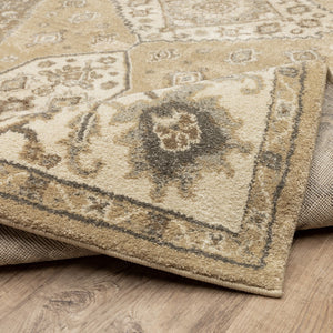 HomeRoots 2' Power Loomed Beige and Grey Oriental Runner Rug – Stain Resistant, Soft, Stylish for High Traffic Areas 2'3" x 7'6" 508861