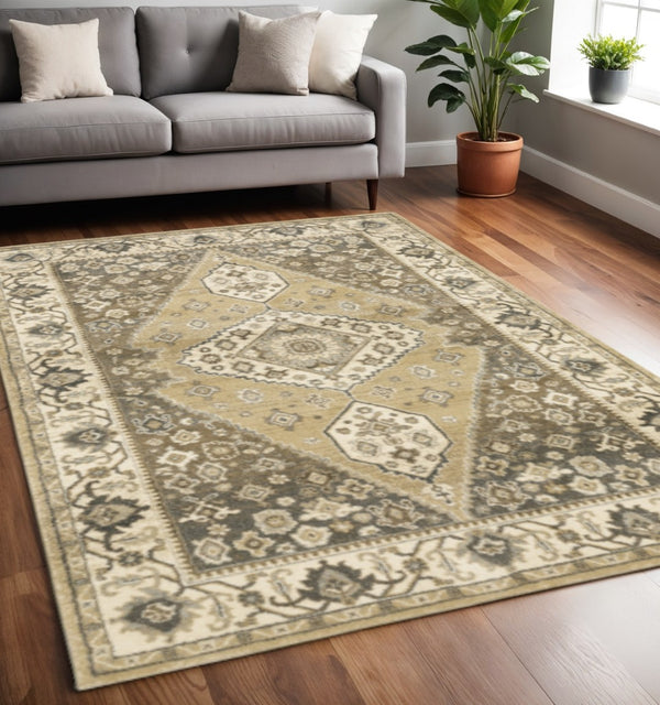 HomeRoots 2' Power Loomed Beige and Grey Oriental Runner Rug – Stain Resistant, Soft, Stylish for High Traffic Areas 5' X 8' 508862