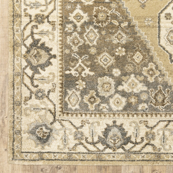 HomeRoots 2' Power Loomed Beige and Grey Oriental Runner Rug – Stain Resistant, Soft, Stylish for High Traffic Areas 5' X 8' 508862