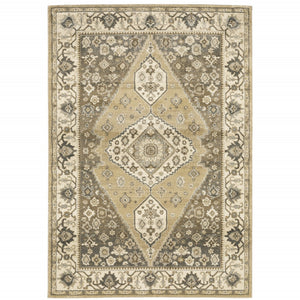 HomeRoots 2' Power Loomed Beige and Grey Oriental Runner Rug – Stain Resistant, Soft, Stylish for High Traffic Areas 7' X 10' 508863