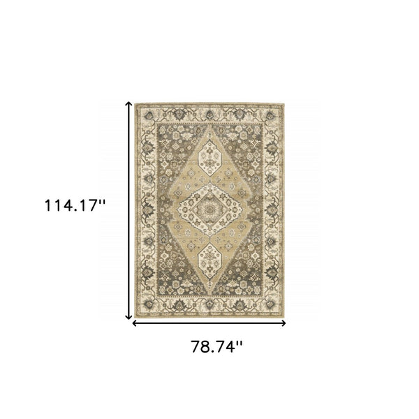 HomeRoots 2' Power Loomed Beige and Grey Oriental Runner Rug – Stain Resistant, Soft, Stylish for High Traffic Areas 7' X 10' 508863