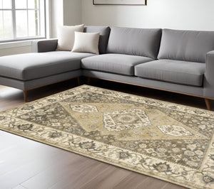 HomeRoots 2' Power Loomed Beige and Grey Oriental Runner Rug – Stain Resistant, Soft, Stylish for High Traffic Areas 7' X 10' 508863