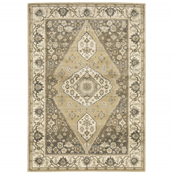 HomeRoots 2' Power Loomed Beige and Grey Oriental Runner Rug – Stain Resistant, Soft, Stylish for High Traffic Areas 8' X 11' 508864