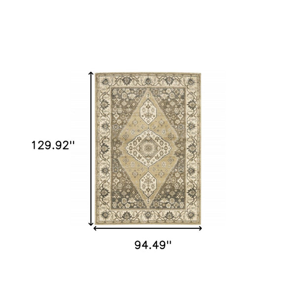 HomeRoots 2' Power Loomed Beige and Grey Oriental Runner Rug – Stain Resistant, Soft, Stylish for High Traffic Areas 8' X 11' 508864