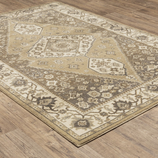 HomeRoots 2' Power Loomed Beige and Grey Oriental Runner Rug – Stain Resistant, Soft, Stylish for High Traffic Areas 8' X 11' 508864