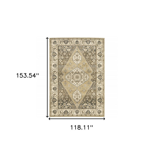 HomeRoots 2' Power Loomed Beige and Grey Oriental Runner Rug – Stain Resistant, Soft, Stylish for High Traffic Areas 10' X 13' 508865