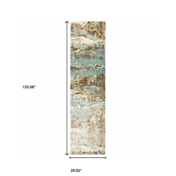 HomeRoots 10' Contemporary Blue and Brown Abstract Hand-Loomed Area Rug – Stain Resistant Luxury for Homes 2'6" x 10' 508867