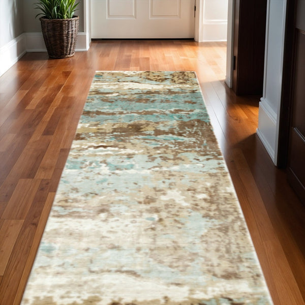 HomeRoots 10' Contemporary Blue and Brown Abstract Hand-Loomed Area Rug – Stain Resistant Luxury for Homes 2'6" x 10' 508867