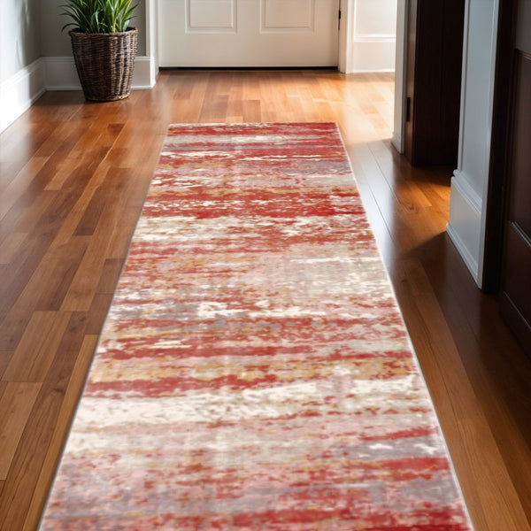 HomeRoots 10' Abstract Hand Loomed Area Rug in Pink and Red – Stain Resistant, Stylish, and Durable Design 2'6" x 10' 508877
