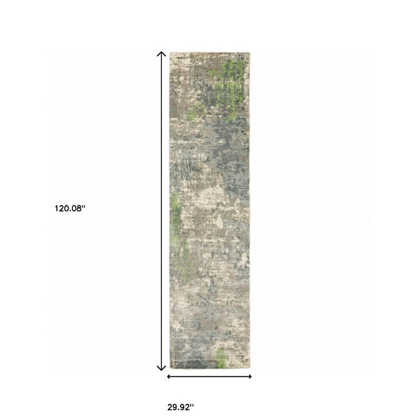 HomeRoots 10' Hand Loomed Blue and Green Abstract Area Rug - Stylish, Stain-Resistant Design for Modern Spaces 2'6" x 10' 508882
