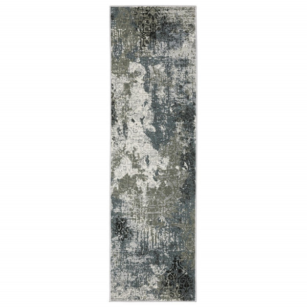 HomeRoots 2' Abstract Power Loom Runner Rug in Ivory, Grey, Charcoal, Blue & Navy - Stain Resistant & Stylish 2'3" x 7'6" 508886