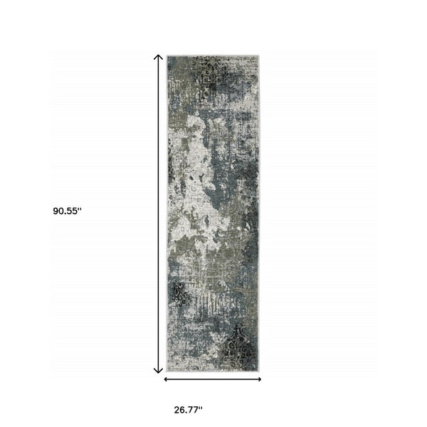 HomeRoots 2' Abstract Power Loom Runner Rug in Ivory, Grey, Charcoal, Blue & Navy - Stain Resistant & Stylish 2'3" x 7'6" 508886
