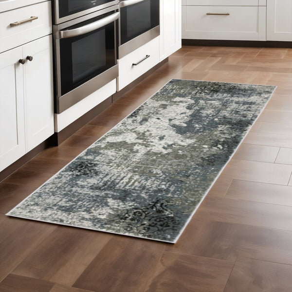 HomeRoots 2' Abstract Power Loom Runner Rug in Ivory, Grey, Charcoal, Blue & Navy - Stain Resistant & Stylish 2'3" x 7'6" 508886