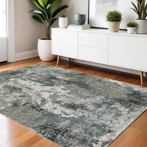 HomeRoots 2' Abstract Power Loom Runner Rug in Ivory, Grey, Charcoal, Blue & Navy - Stain Resistant & Stylish 4' X 6' 508887