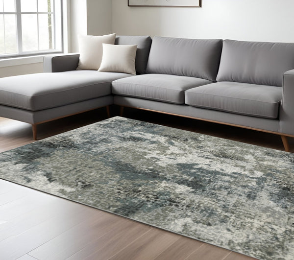 HomeRoots 2' Abstract Power Loom Runner Rug in Ivory, Grey, Charcoal, Blue & Navy - Stain Resistant & Stylish 8' X 11' 508890