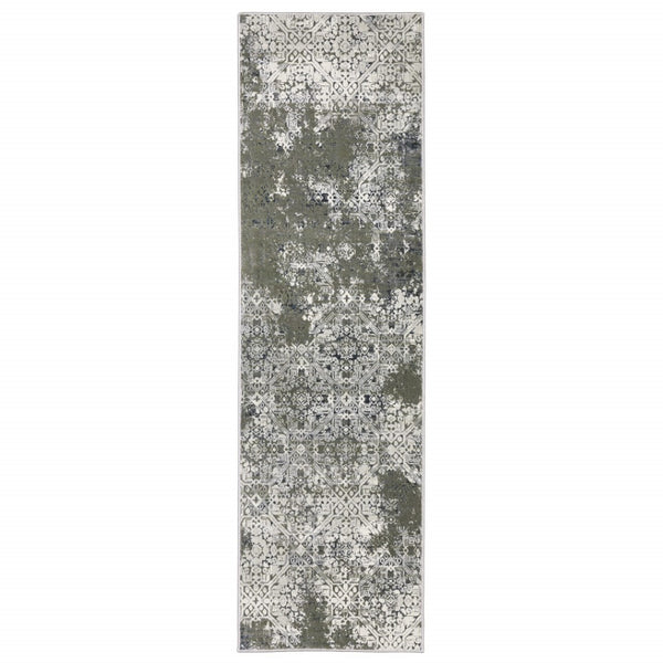 HomeRoots 2' Abstract Power Loom Runner Rug in Ivory, Grey, Blue & Taupe - Stain Resistant & Durable Design 2'3" x 7'6" 508892