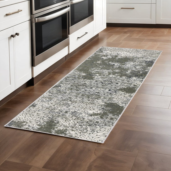 HomeRoots 2' Abstract Power Loom Runner Rug in Ivory, Grey, Blue & Taupe - Stain Resistant & Durable Design 2'3" x 7'6" 508892