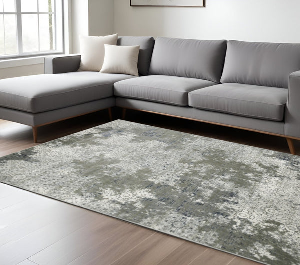 HomeRoots 2' Abstract Power Loom Runner Rug in Ivory, Grey, Blue & Taupe - Stain Resistant & Durable Design 10' X 13' 508897