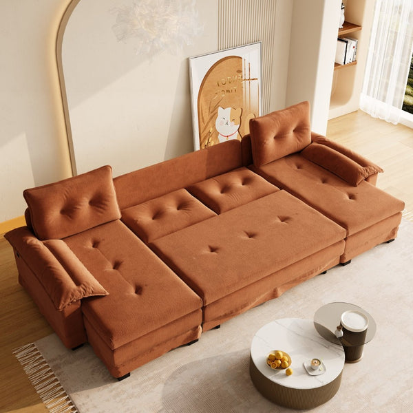 English Elm 109.5" Oversized U-shaped Sectional Sleeper Chenille Modular Sofa with Usb Ports Orange W1885S00440