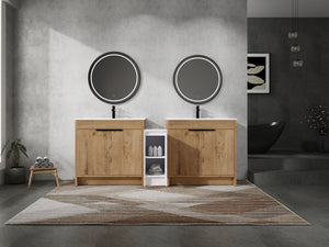English Elm 84 Inch Freestanding Bathroom Vanity with Integrated Resin Sink, Soft-Close Doors, Shelves & Extra Storage Space Glossy White,Imitative Oak W999S00325