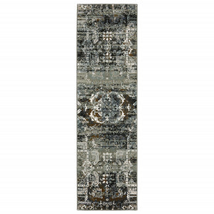 Homeroots 2' X 8' Ivory Charcoal Grey Blue Rust Gold And Brown Oriental Power Loom Stain Resistant Runner Rug  Polyester 508904