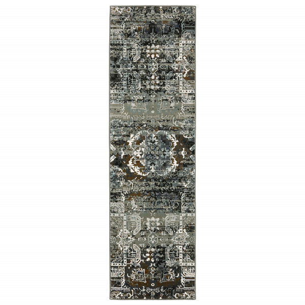 Homeroots 2' X 8' Ivory Charcoal Grey Blue Rust Gold And Brown Oriental Power Loom Stain Resistant Runner Rug  Polyester 508904