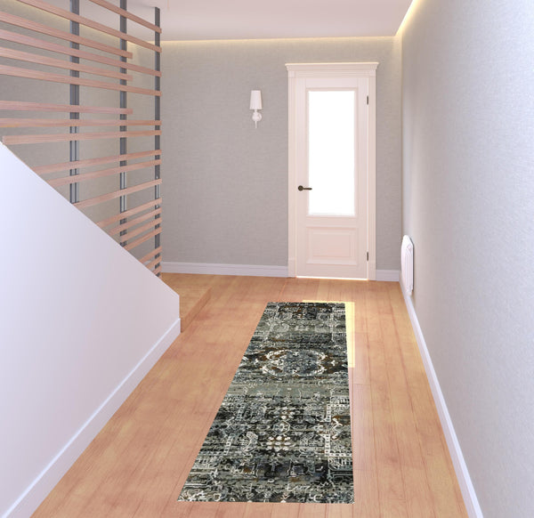 Homeroots 2' X 8' Ivory Charcoal Grey Blue Rust Gold And Brown Oriental Power Loom Stain Resistant Runner Rug  Polyester 508904