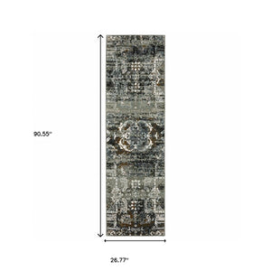 Homeroots 2' X 8' Ivory Charcoal Grey Blue Rust Gold And Brown Oriental Power Loom Stain Resistant Runner Rug  Polyester 508904