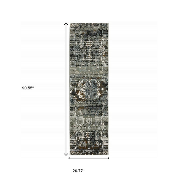 Homeroots 2' X 8' Ivory Charcoal Grey Blue Rust Gold And Brown Oriental Power Loom Stain Resistant Runner Rug  Polyester 508904