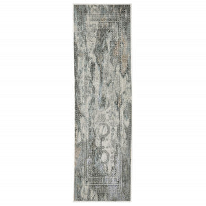 HomeRoots 2' Elegant Ivory, Grey, Charcoal, Blue & Rust Oriental Power Loom Runner Rug for High-Traffic Areas 2'3" x 7'6" 508910