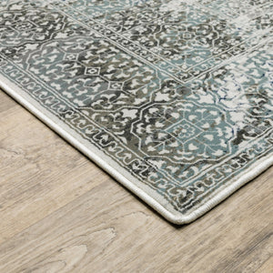 HomeRoots 2' Elegant Ivory, Grey, Charcoal, Blue & Rust Oriental Power Loom Runner Rug for High-Traffic Areas 2'3" x 7'6" 508910