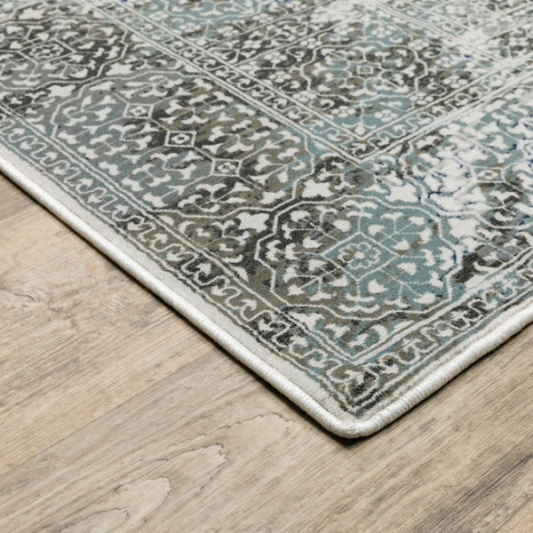 HomeRoots 2' Elegant Ivory, Grey, Charcoal, Blue & Rust Oriental Power Loom Runner Rug for High-Traffic Areas 2'3" x 7'6" 508910