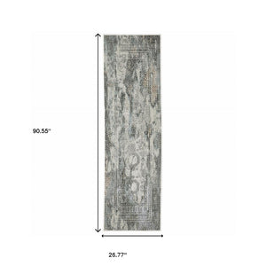 HomeRoots 2' Elegant Ivory, Grey, Charcoal, Blue & Rust Oriental Power Loom Runner Rug for High-Traffic Areas 2'3" x 7'6" 508910