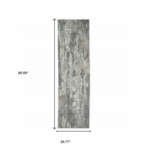 HomeRoots 2' Elegant Ivory, Grey, Charcoal, Blue & Rust Oriental Power Loom Runner Rug for High-Traffic Areas 2'3" x 7'6" 508910