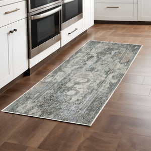 HomeRoots 2' Elegant Ivory, Grey, Charcoal, Blue & Rust Oriental Power Loom Runner Rug for High-Traffic Areas 2'3" x 7'6" 508910