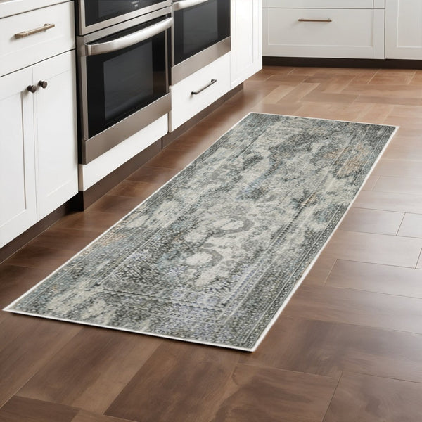 HomeRoots 2' Elegant Ivory, Grey, Charcoal, Blue & Rust Oriental Power Loom Runner Rug for High-Traffic Areas 2'3" x 7'6" 508910
