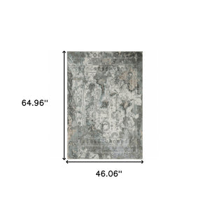 HomeRoots 2' Elegant Ivory, Grey, Charcoal, Blue & Rust Oriental Power Loom Runner Rug for High-Traffic Areas 4' X 6' 508911