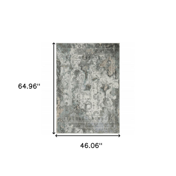 HomeRoots 2' Elegant Ivory, Grey, Charcoal, Blue & Rust Oriental Power Loom Runner Rug for High-Traffic Areas 4' X 6' 508911