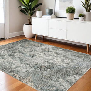 HomeRoots 2' Elegant Ivory, Grey, Charcoal, Blue & Rust Oriental Power Loom Runner Rug for High-Traffic Areas 4' X 6' 508911