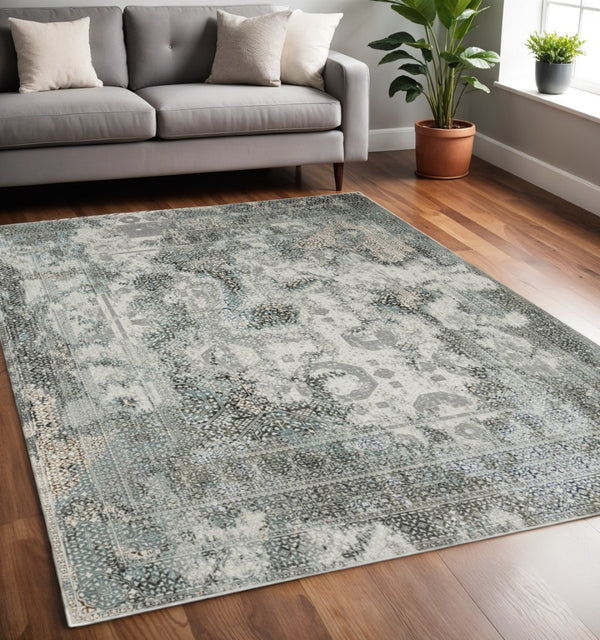 HomeRoots 2' Elegant Ivory, Grey, Charcoal, Blue & Rust Oriental Power Loom Runner Rug for High-Traffic Areas 5' X 8' 508912
