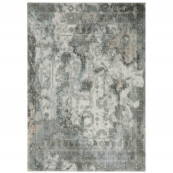 HomeRoots 2' Elegant Ivory, Grey, Charcoal, Blue & Rust Oriental Power Loom Runner Rug for High-Traffic Areas 7' X 10' 508913