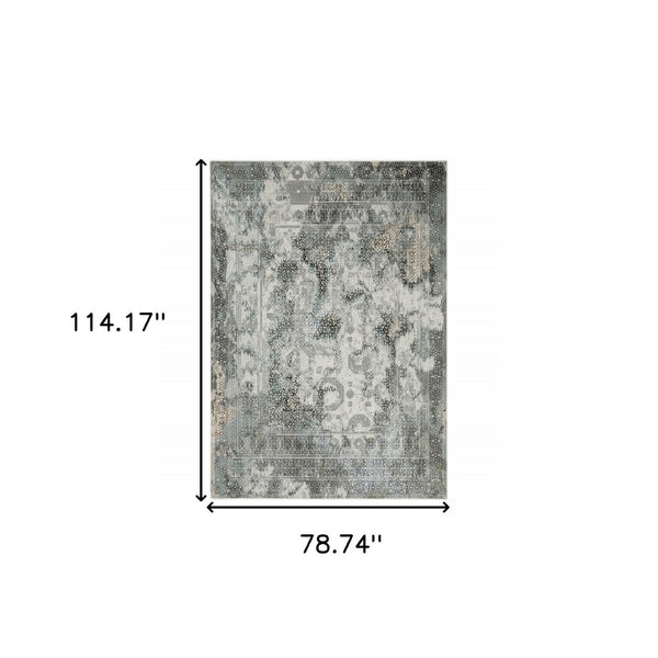 HomeRoots 2' Elegant Ivory, Grey, Charcoal, Blue & Rust Oriental Power Loom Runner Rug for High-Traffic Areas 7' X 10' 508913