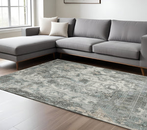 HomeRoots 2' Elegant Ivory, Grey, Charcoal, Blue & Rust Oriental Power Loom Runner Rug for High-Traffic Areas 7' X 10' 508913