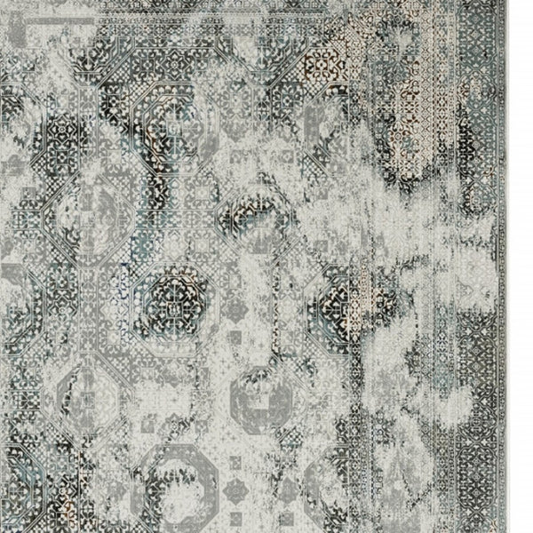 HomeRoots 2' Elegant Ivory, Grey, Charcoal, Blue & Rust Oriental Power Loom Runner Rug for High-Traffic Areas 10' X 13' 508915