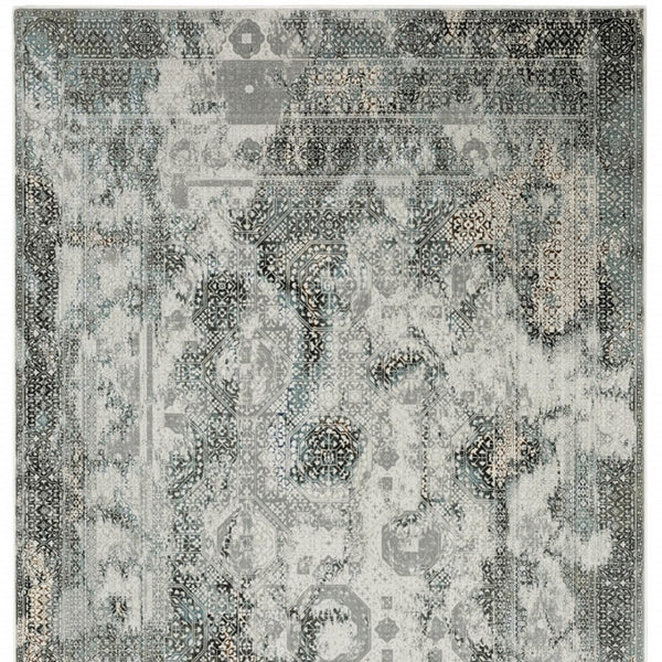 HomeRoots 2' Elegant Ivory, Grey, Charcoal, Blue & Rust Oriental Power Loom Runner Rug for High-Traffic Areas 10' X 13' 508915