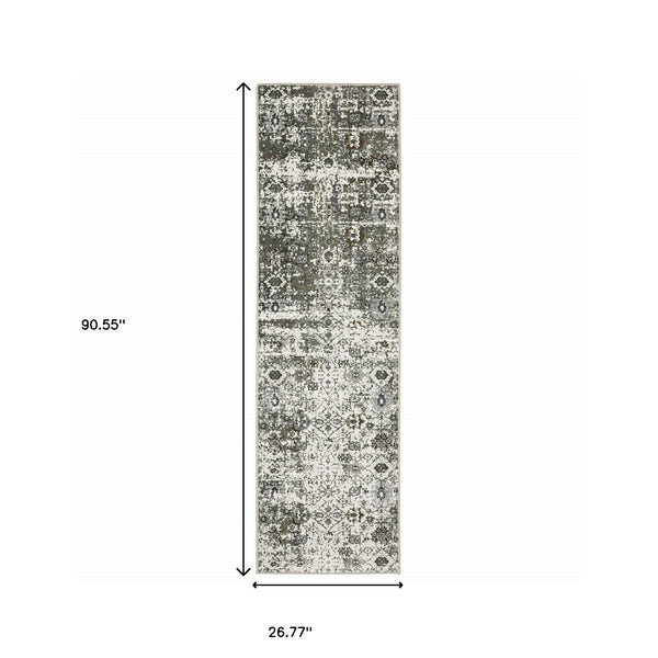 Homeroots 2' X 8' Ivory Grey Charcoal Rust Gold And Brown Oriental Power Loom Stain Resistant Runner Rug  Polyester 508916